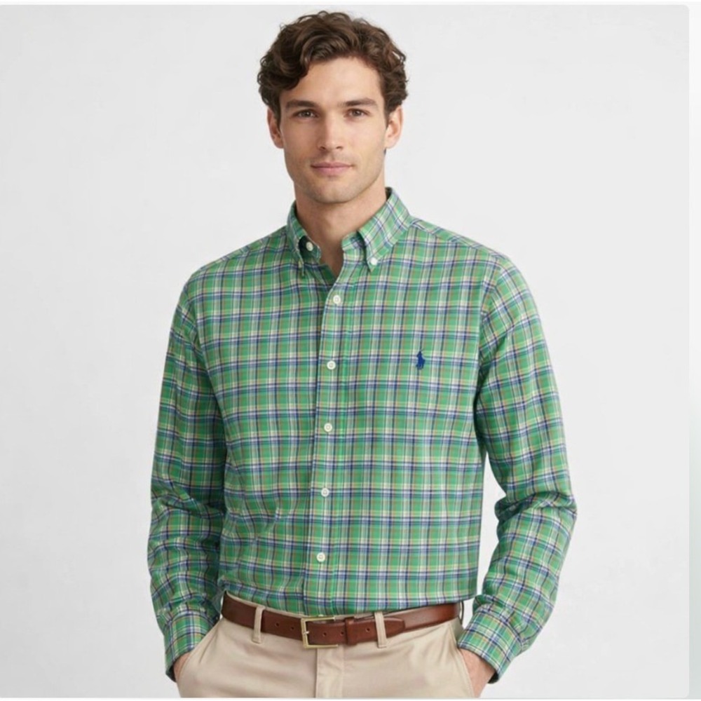 Ralph Lauren Custom‎ Fit Mens Green Plaid Long Sleeve Button Down Shirt XL